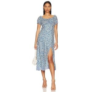 NATALIE MARTIN CHARLOTTE GLORIOSO FLORAL CORNFLOWER BLUE SILK MIDI DRESS